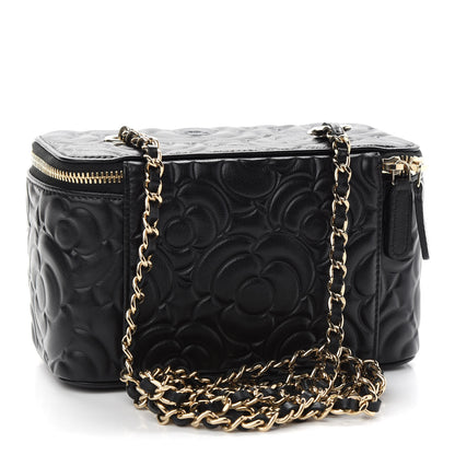 Chanel Lambskin Camellia Embossed Small Vanity Case With Chain Black 3 of 9