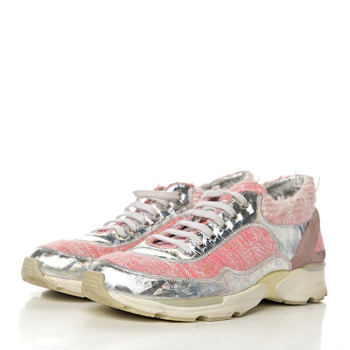 Tweed Suede Calfskin Sneakers 39 Silver Pink