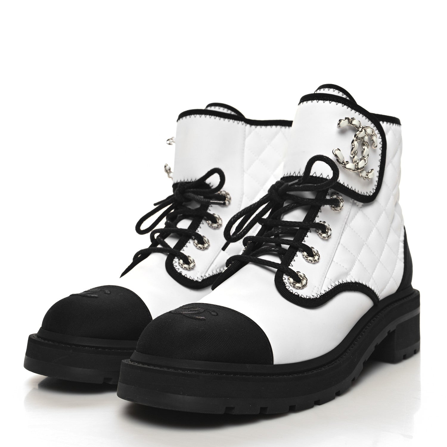 Chanel Fabric Grosgrain Quilted Cap Toe Lace Up Combat Boots 41 White Black 3 of 9