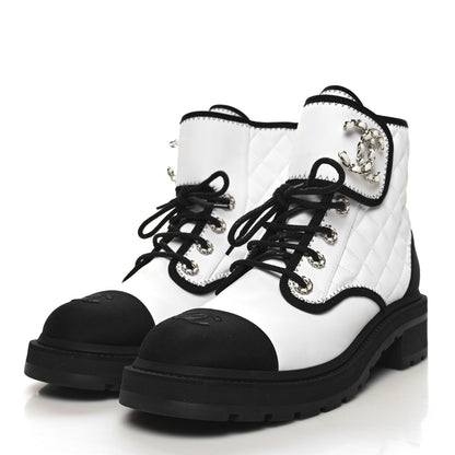 Chanel Fabric Grosgrain Quilted Cap Toe Lace Up Combat Boots 41 White Black 3 of 9