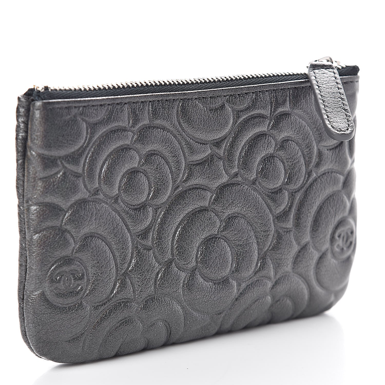 Chanel Goatskin Camellia Embossed Cosmetic Pouch Anthracite 3 of 8