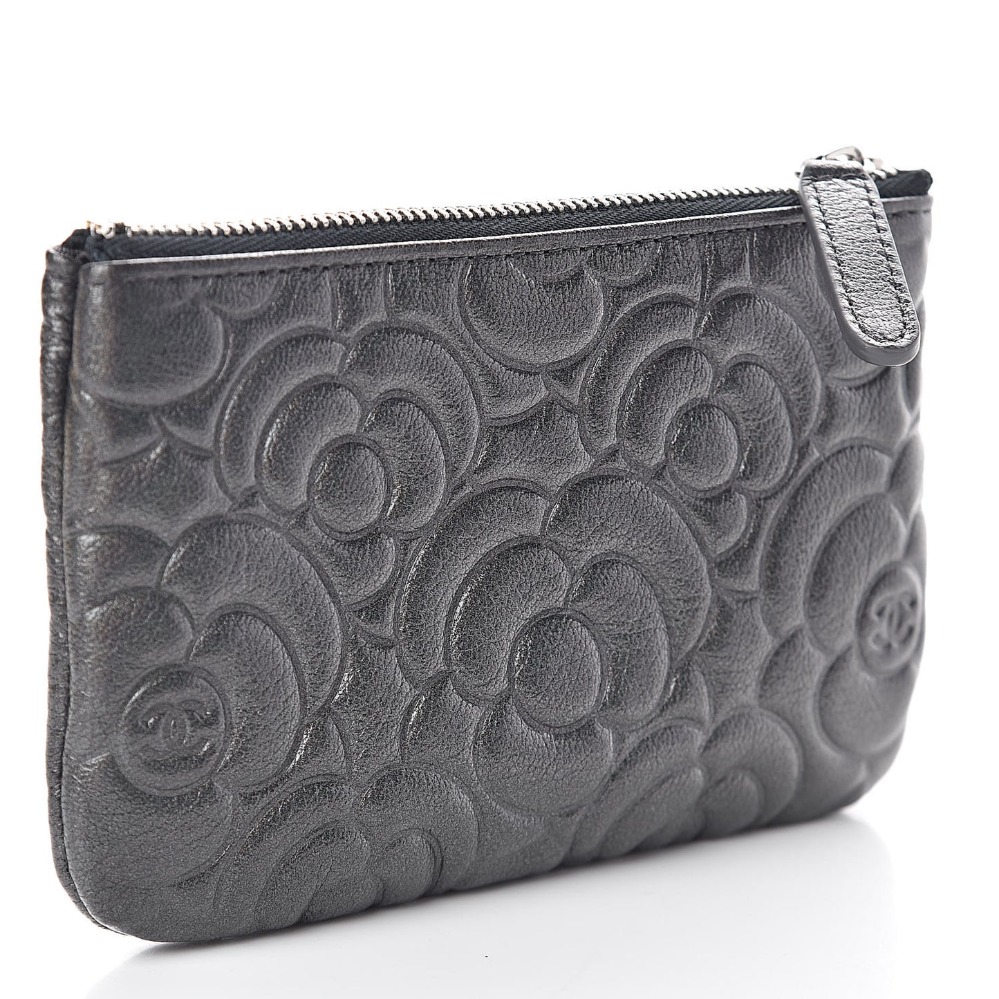 Goatskin Camellia Embossed Cosmetic Pouch Anthracite