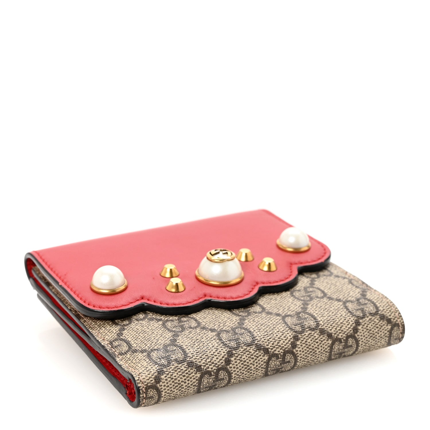 Gucci GG Supreme Monogram Pearl Studded French Wallet Beige Hibiscus Red 4 of 6