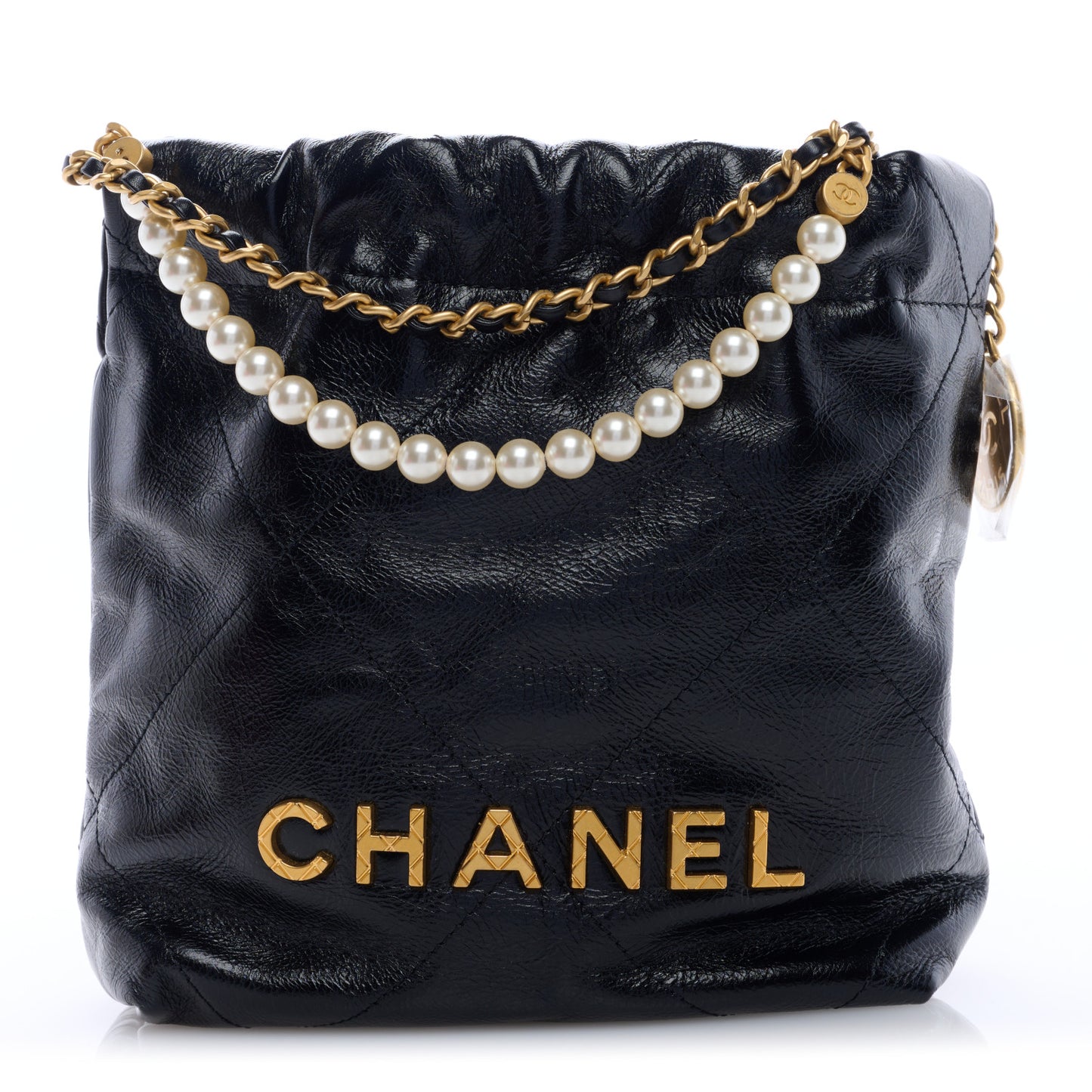Shiny Crumpled Calfskin Quilted Pearl Mini Chanel 22 Black