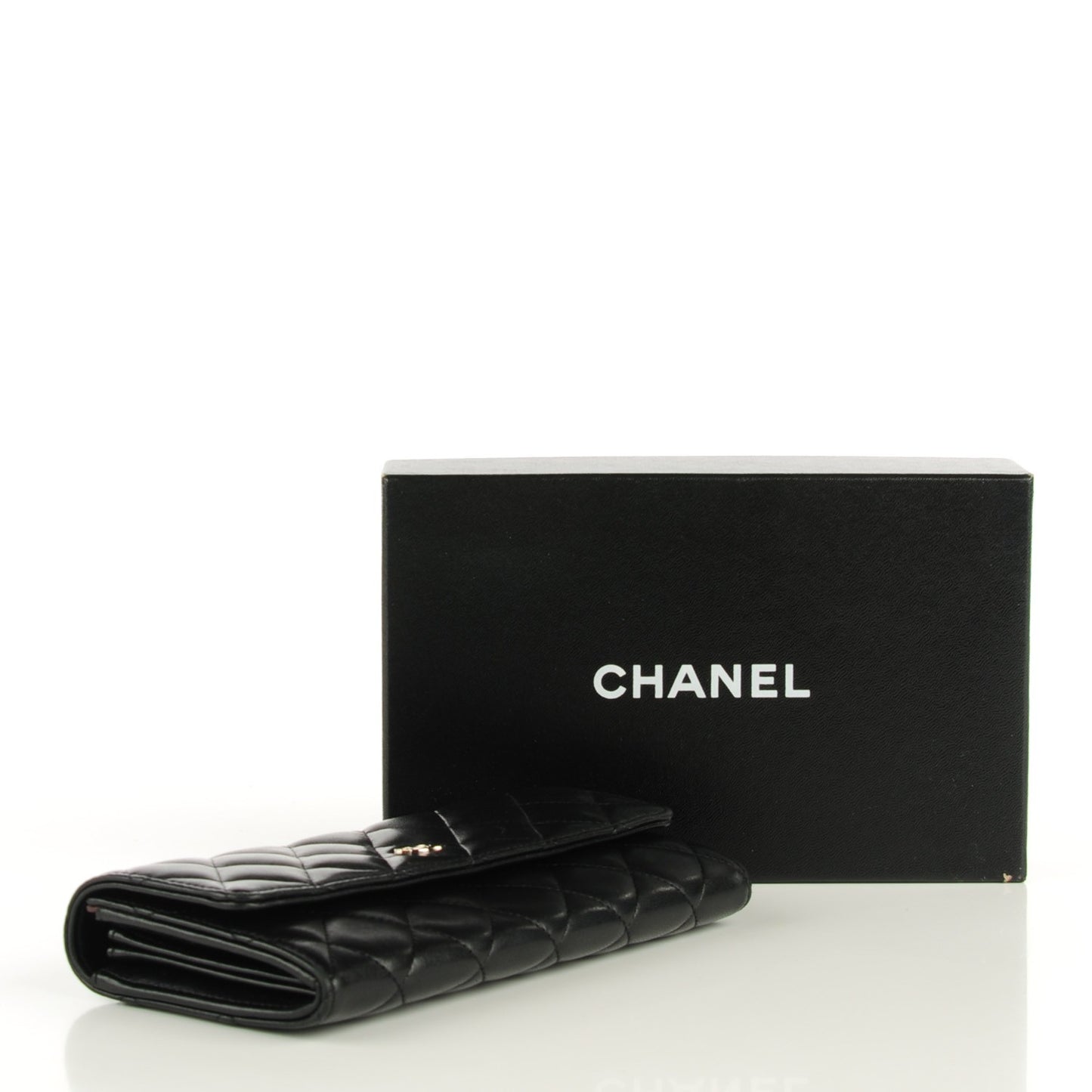 Lambskin Quilted Large Gusset Flap Wallet Black