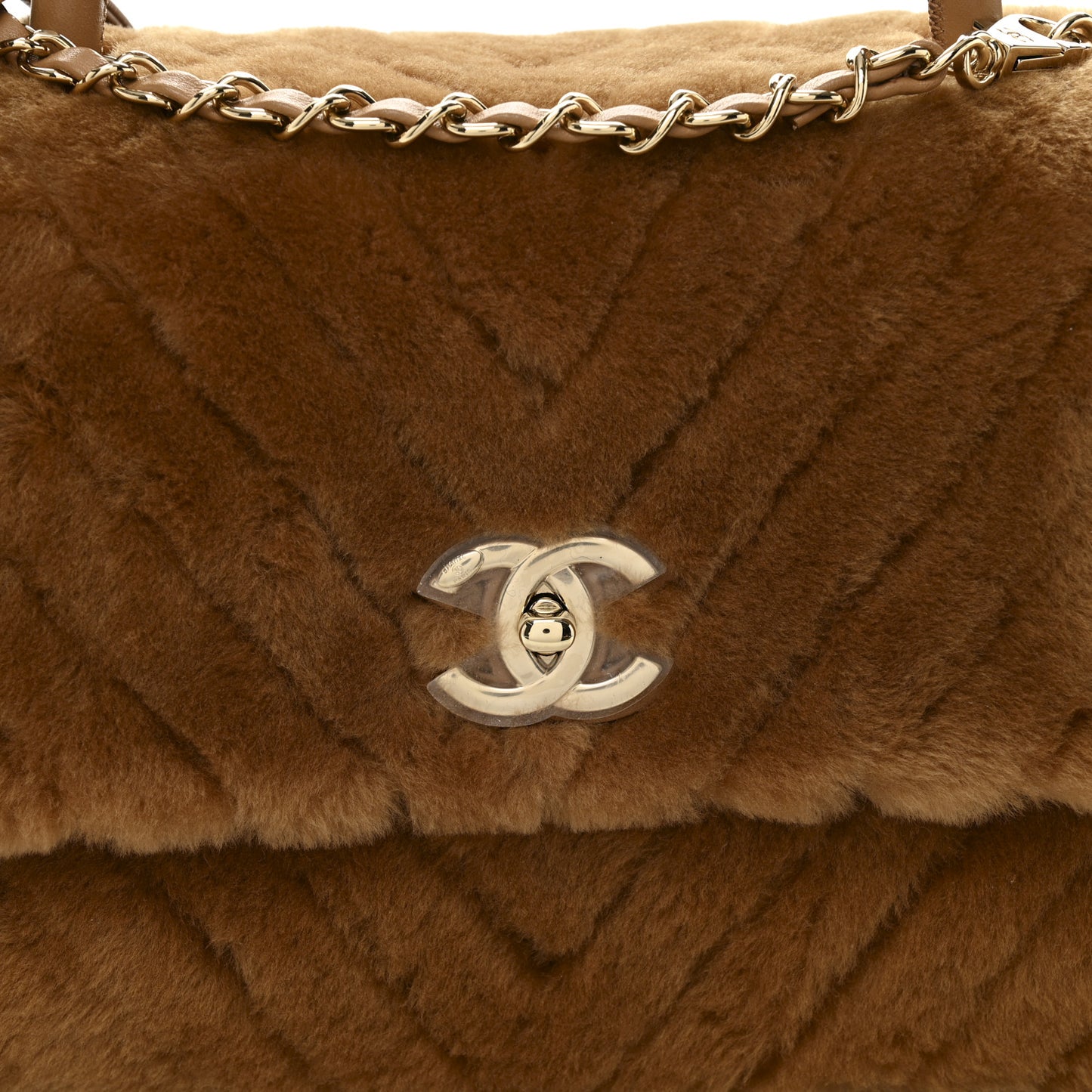 Shearling Lambskin Chevron Quilted Small Coco Handle Flap Beige