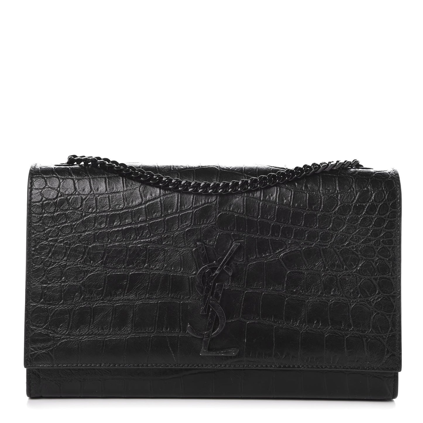Calfskin Crocodile Embossed Medium Classic Monogram Kate Satchel Black