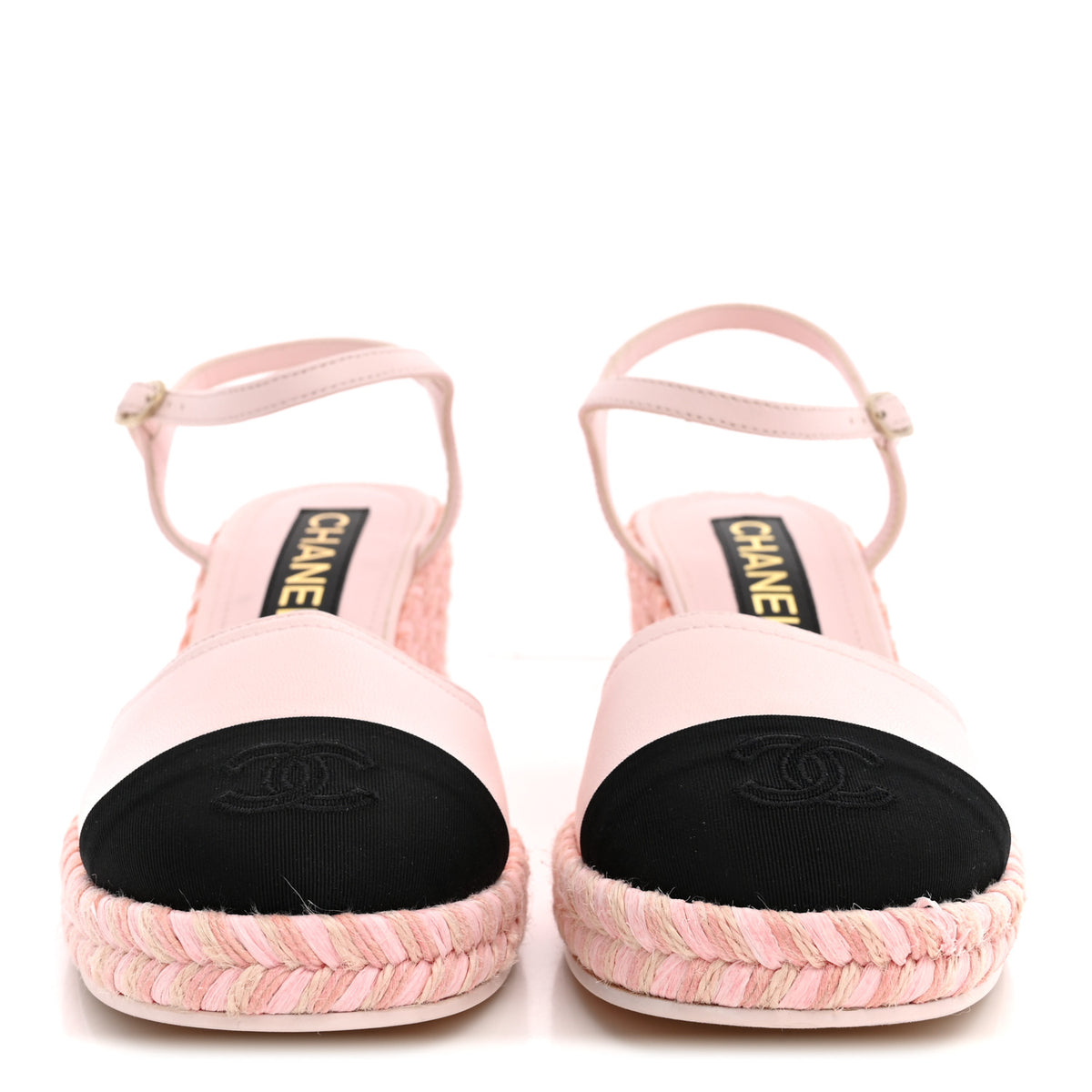 Chanel Lambskin Grosgrain CC Espadrilles Wedges 38 Pink Black 3 of 11
