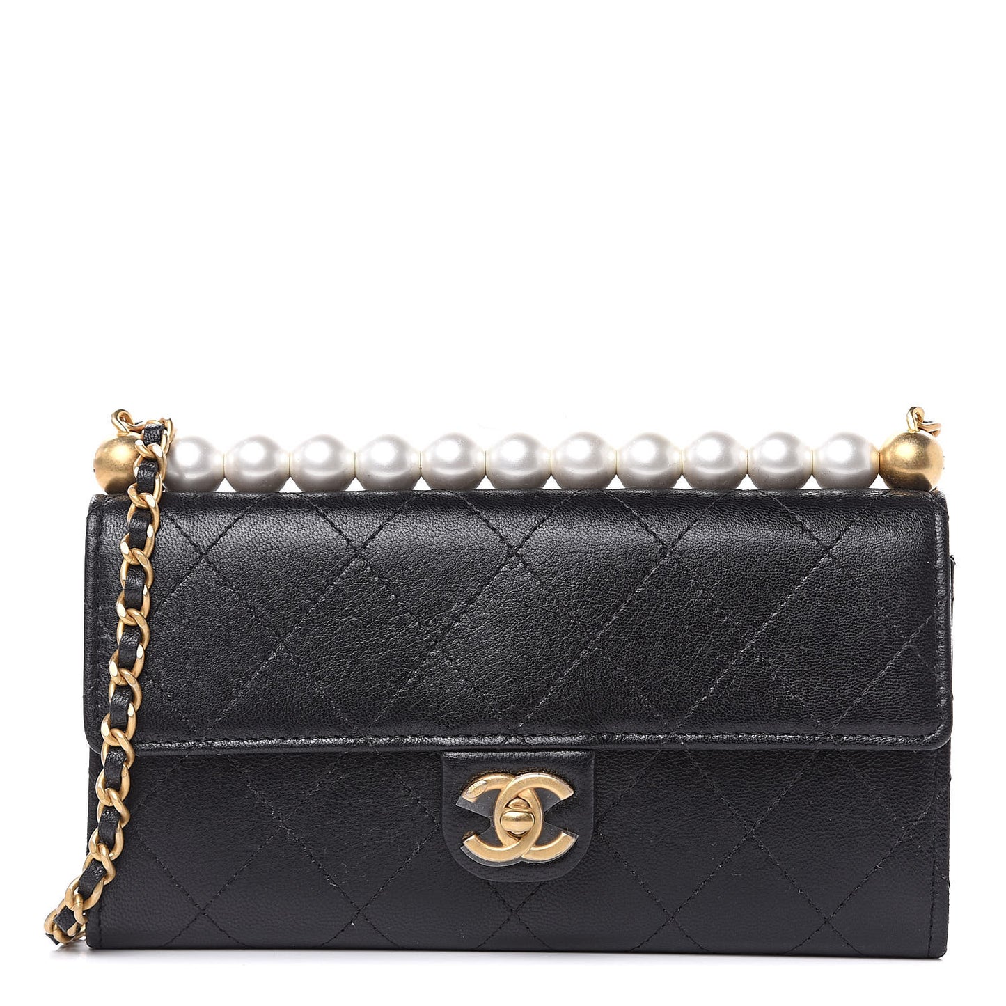 Goatskin Quilted Chic Pearls Clutch With Chain Black