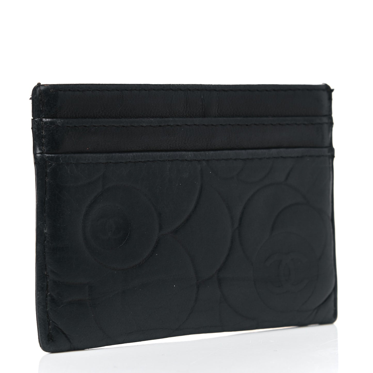 Lambskin Camellia Embossed Card Holder Black