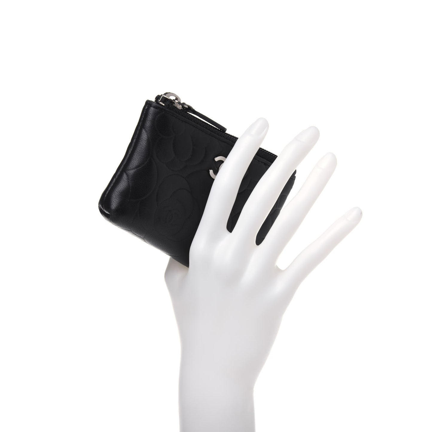 Lambskin Camellia Embossed Key Holder Case Black