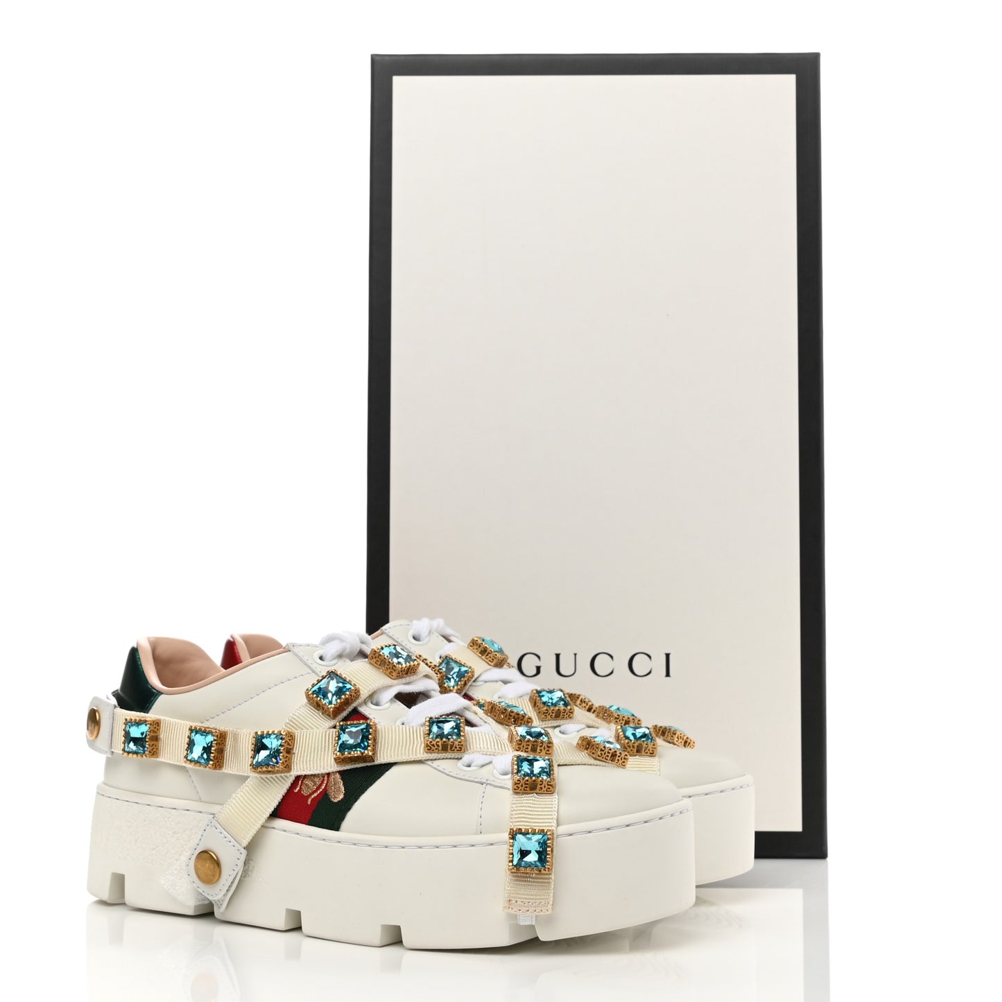 Calfskin Removable Crystals Bee Embroidered Ace Platform Sneakers 35 White