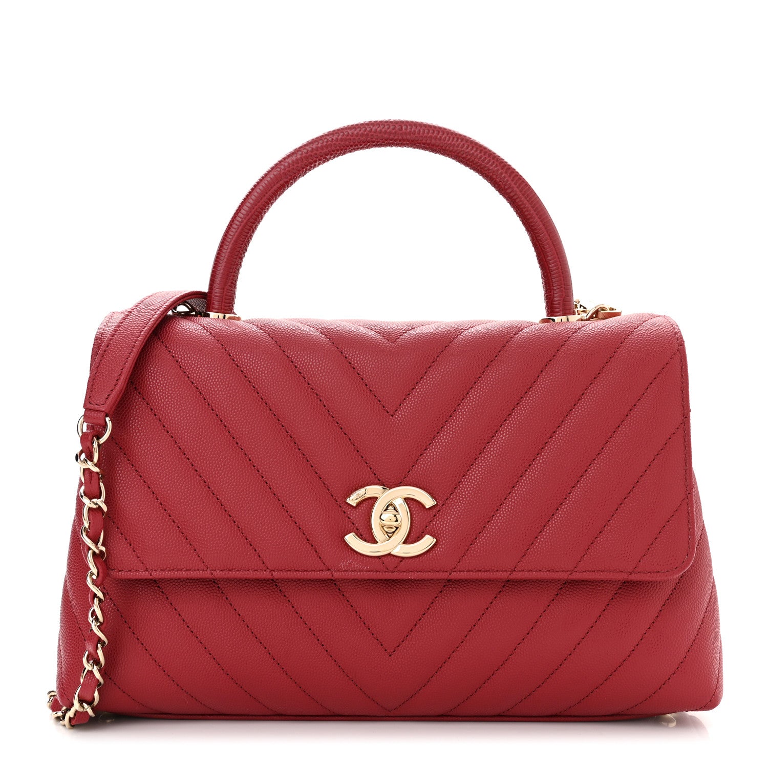 Chanel Caviar Lizard Embossed Chevron Quilted Small Coco Handle Flap Red 1 of 11