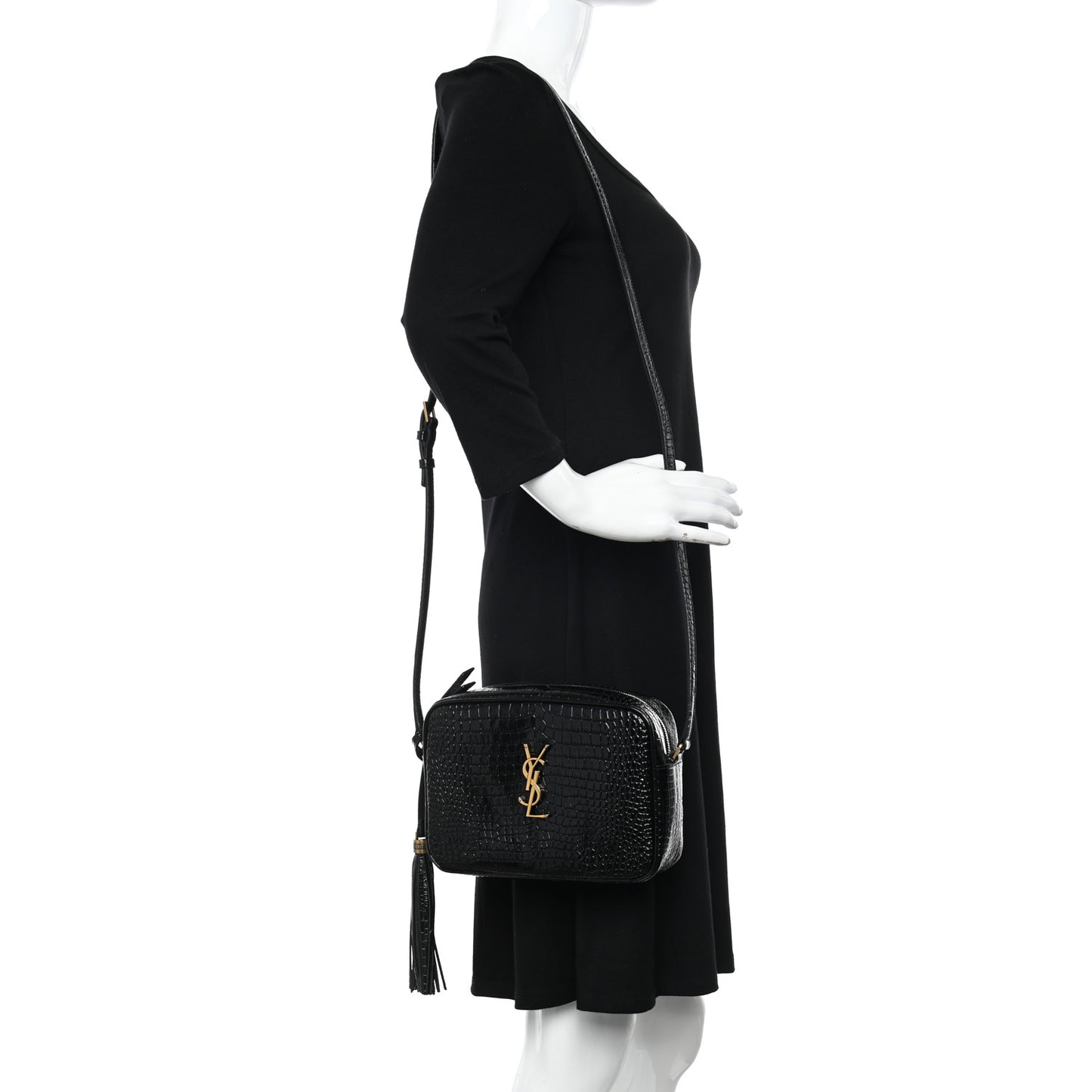 Patent Calfskin Crocodile Embossed Monogram Lou Camera Bag Black