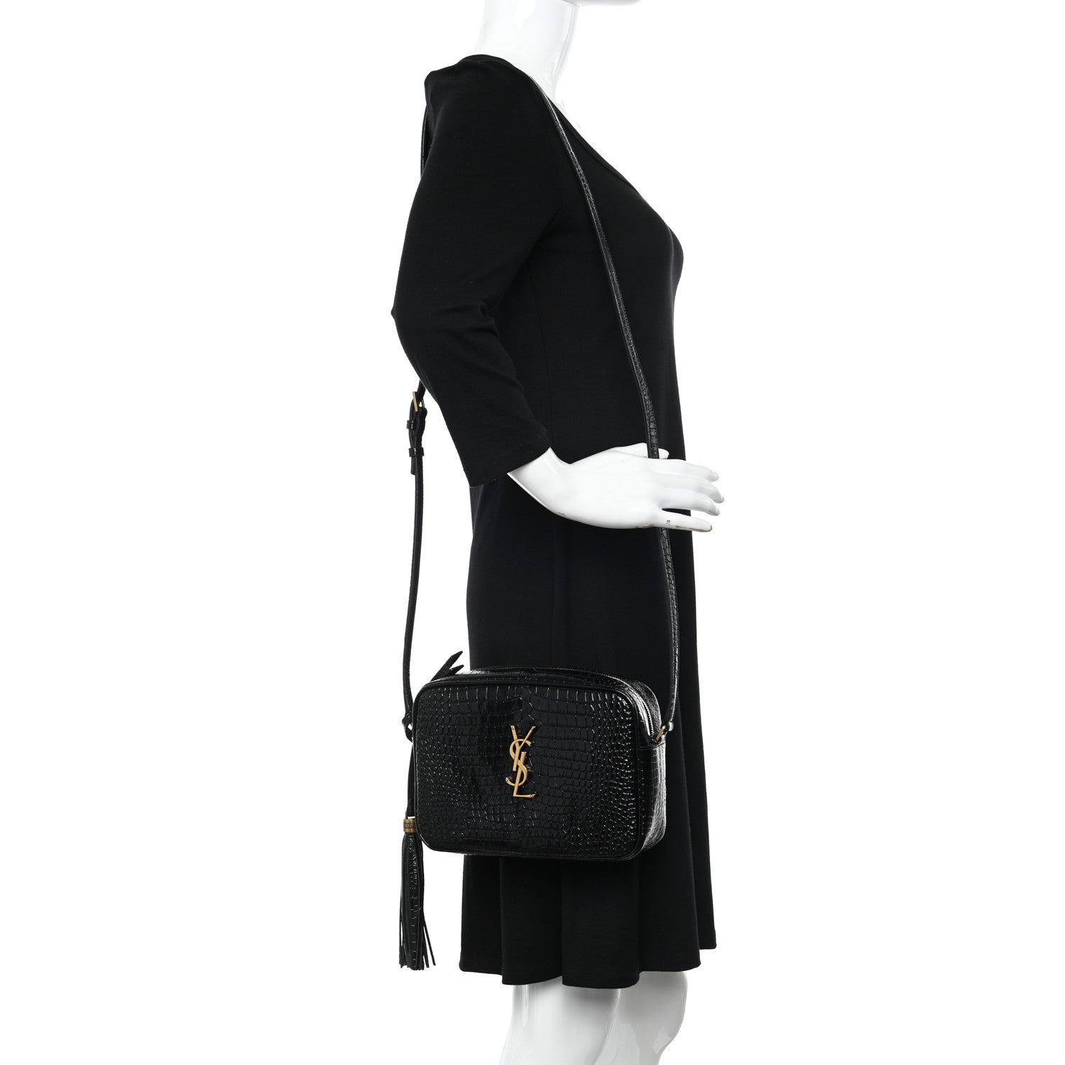 Saint Laurent Patent Calfskin Crocodile Embossed Monogram Lou Camera Bag Black 2 of 12