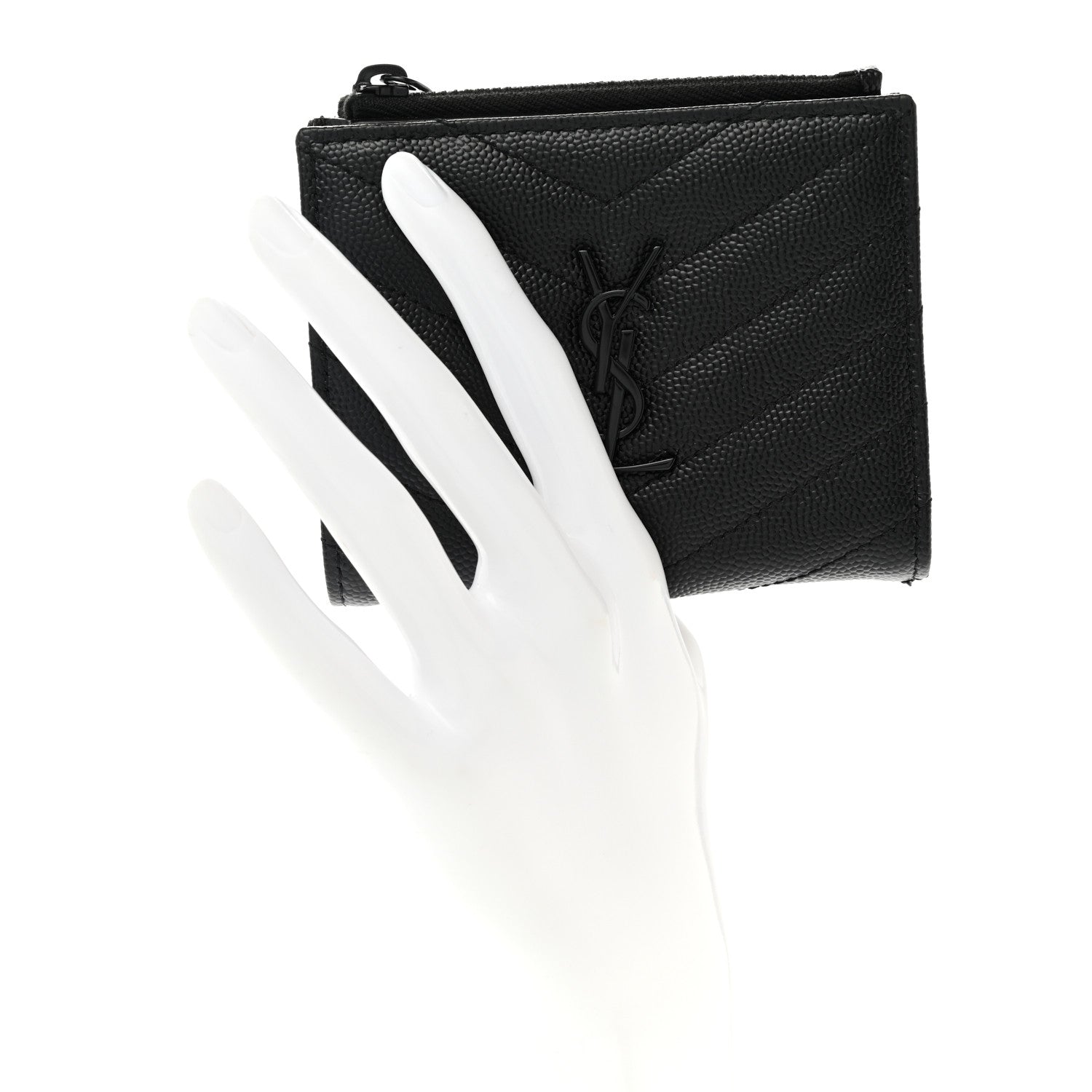 Saint Laurent Grain De Poudre Matelasse Chevron Monogram Zipped Card Case Black 2 of 9