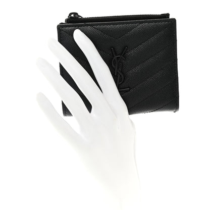 Saint Laurent Grain De Poudre Matelasse Chevron Monogram Zipped Card Case Black 2 of 9