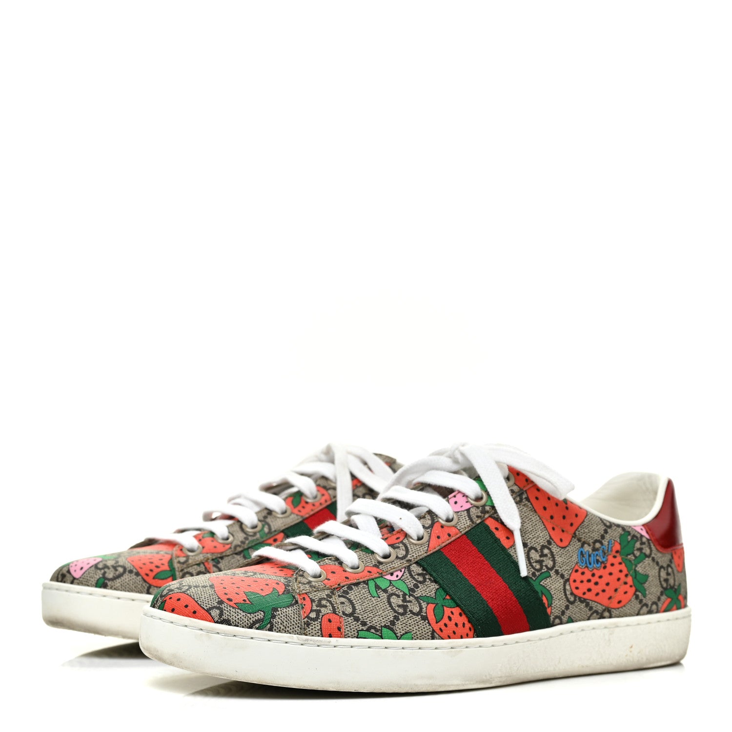Gucci GG Supreme Monogram Strawberry Web Womens Ace Sneakers 39.5 Beige Multicolor Red Green 3 of 18