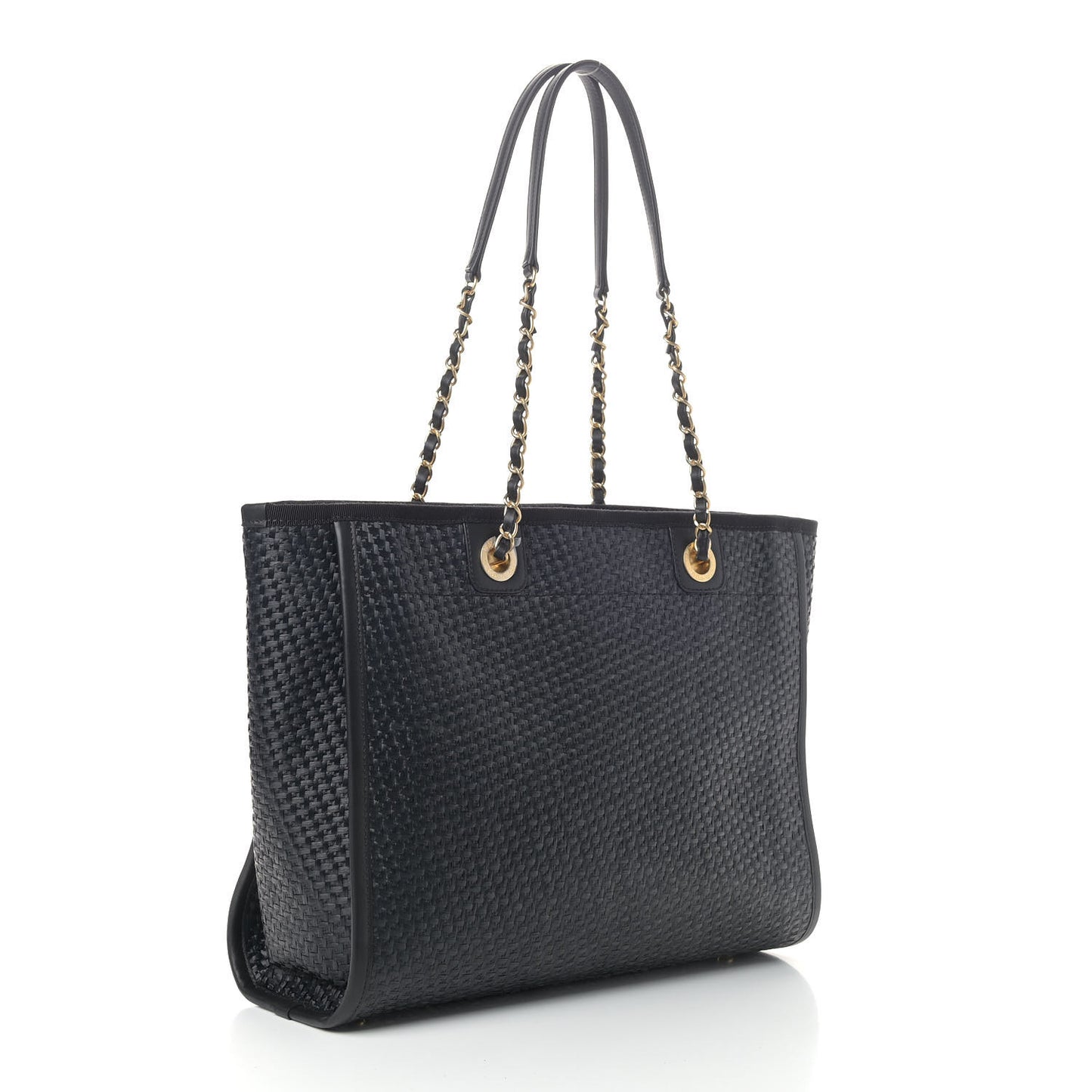 Straw Raffia Calfskin Chain Small Deauville Tote Black