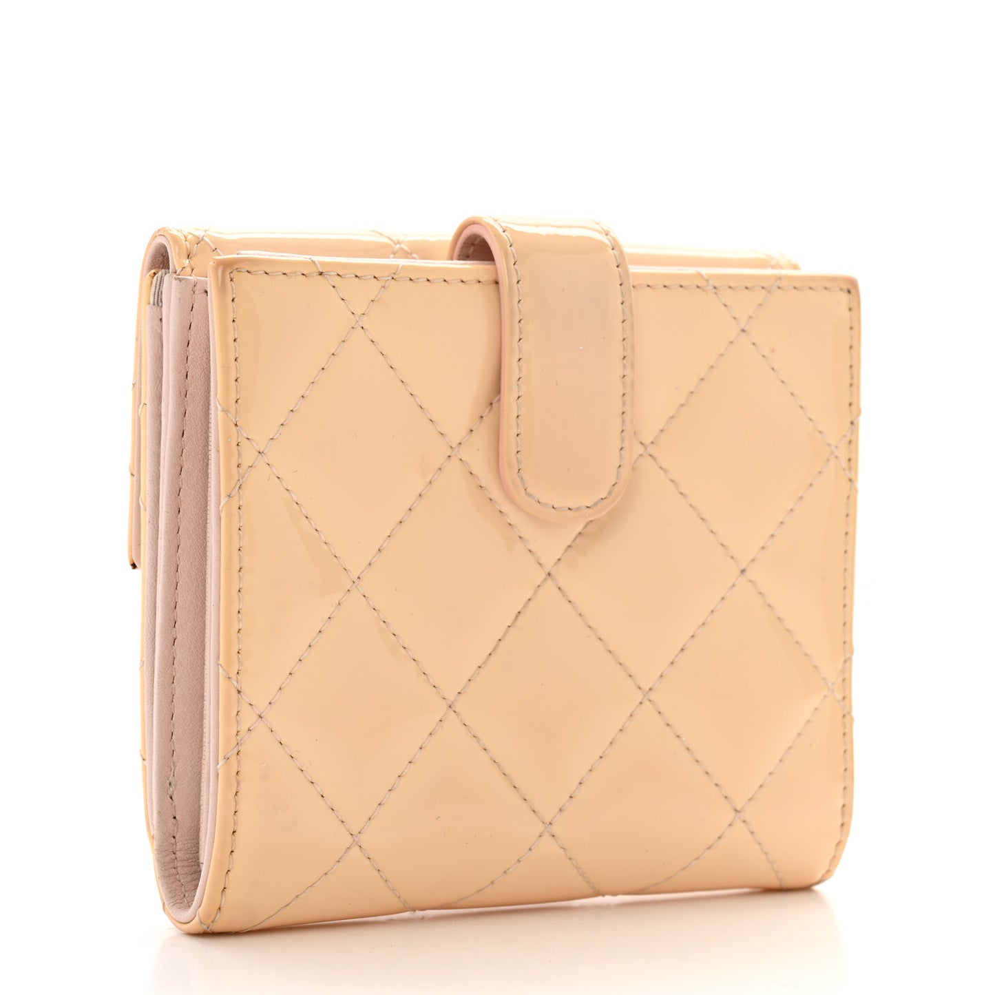 Striated Patent Quilted Compact French Flap Wallet Beige Light Pink