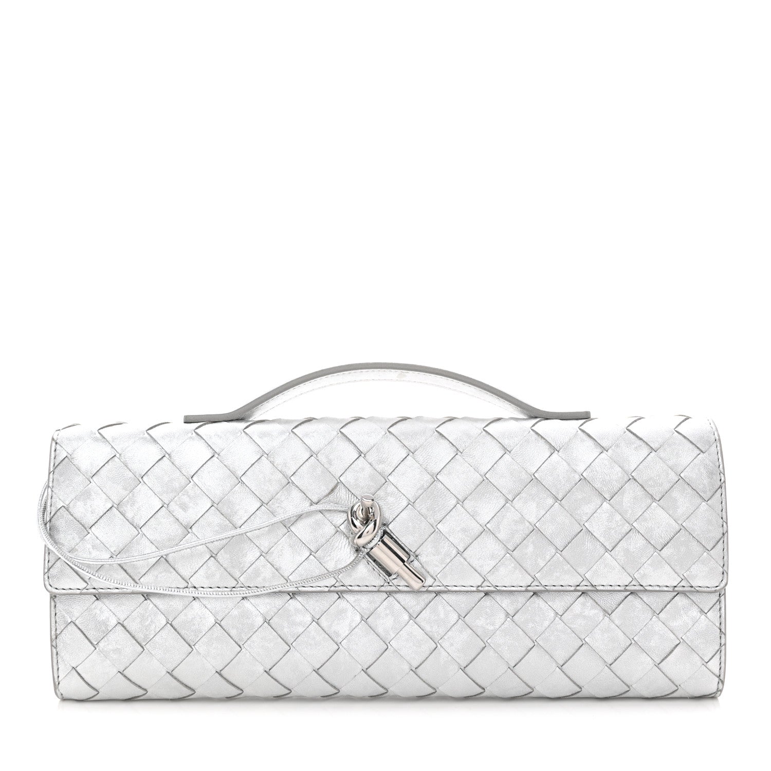 Bottega Veneta Metallic Lambskin Intrecciato Long Andiamo Top Handle Clutch Silver 1 of 11