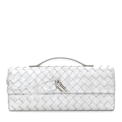 Bottega Veneta Metallic Lambskin Intrecciato Long Andiamo Top Handle Clutch Silver 1 of 11