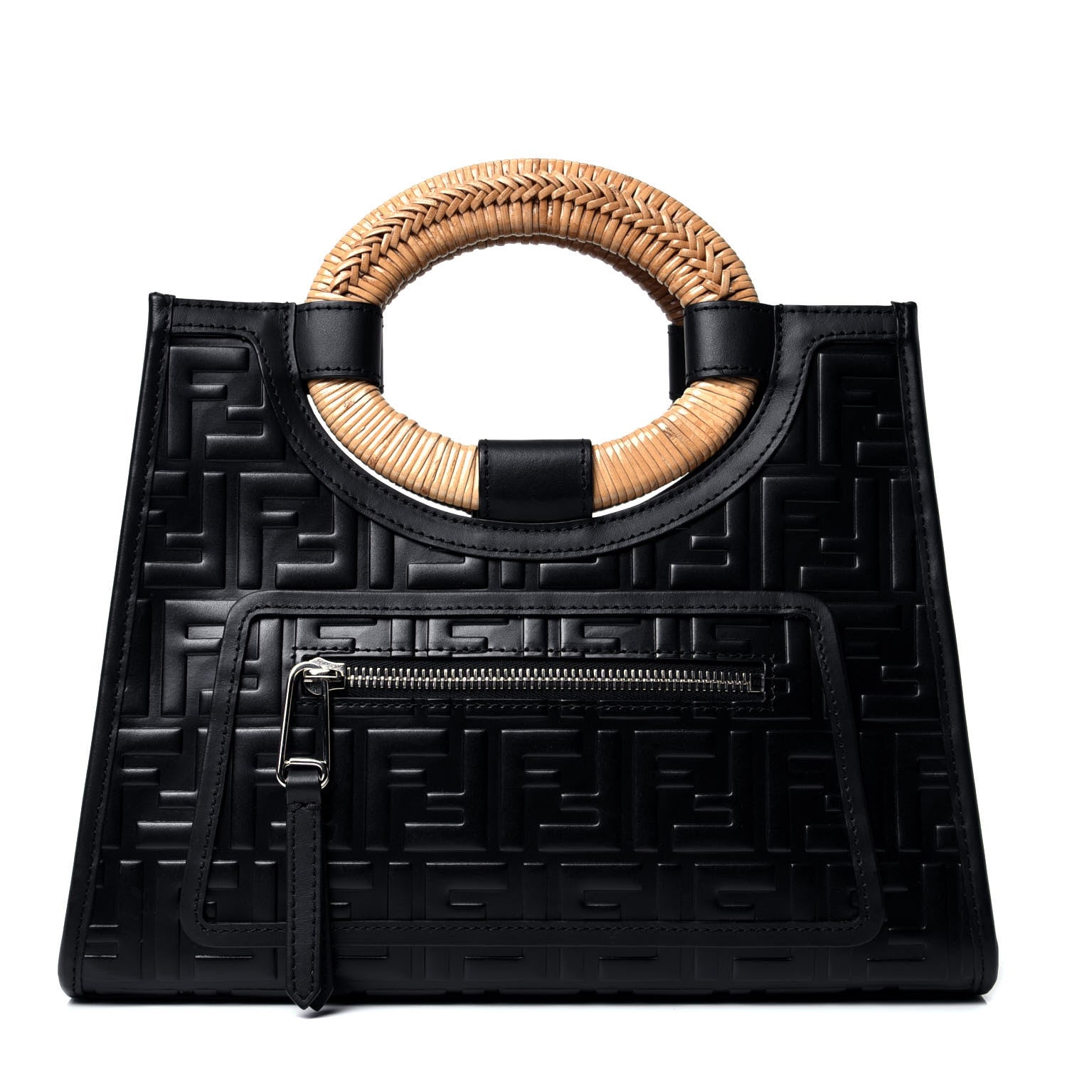Fendi Vitello Century Wicker FF 1974 Embossed Small Runaway Shopper Tote Black 1 of 4
