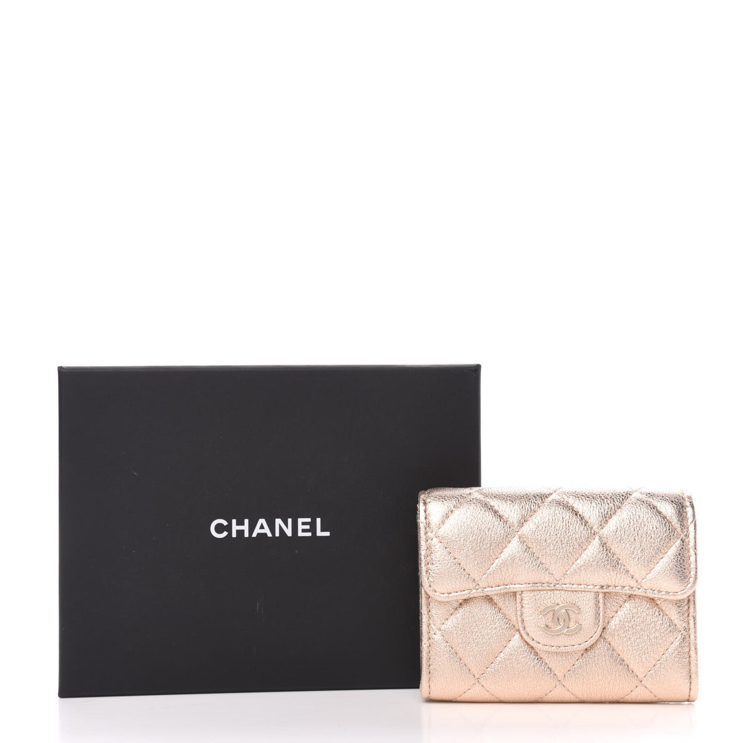 Metallic Lambskin Quilted Flap Card Holder Wallet Gold