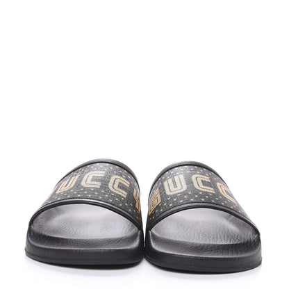 Gucci X SEGA Supreme Canvas GUCCY Stars Mens Slide Sandals 9 Black Gold 2 of 8