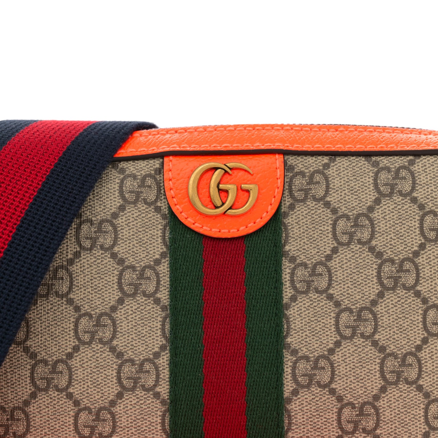 GG Supreme Monogram Textured Dollar Calfskin Web Ophidia Wristlet Shoulder Bag Beige Ebony Orange