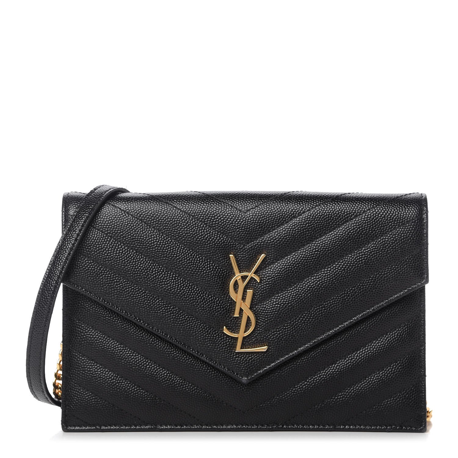 Saint Laurent Grain De Poudre Matelasse Chevron Monogram Envelope Chain Wallet Black 1 of 10