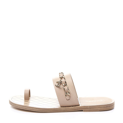 Chanel Calfskin Chain CC Logo Toe Ring Sandals 37 Beige 1 of 13
