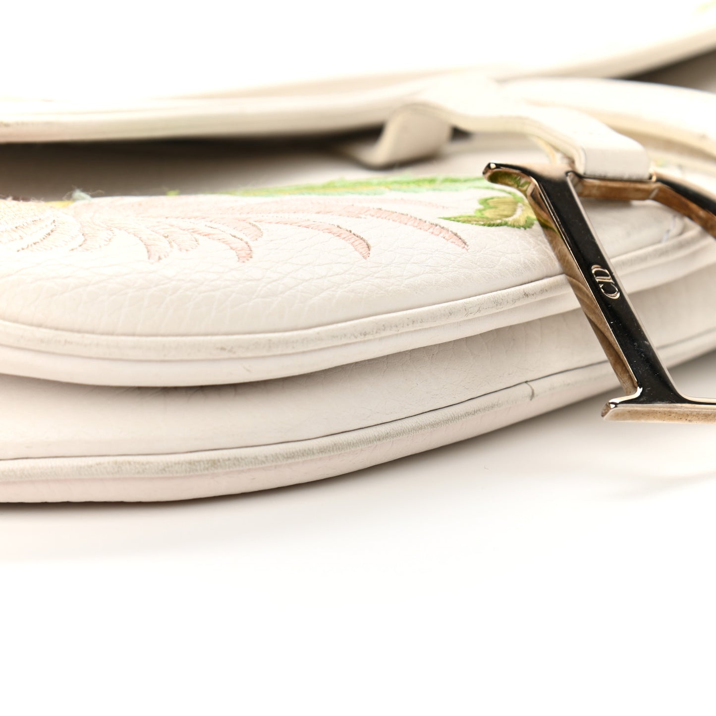 Calfskin Embroidered Romantic Flowers Saddle Bag White