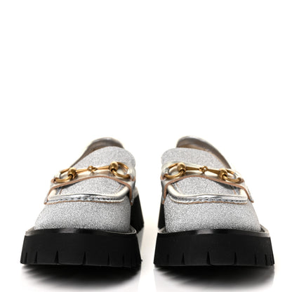 Gucci Mini Diamond Storm Silk Calfskin Womens Harald Horsebit 25mm Platform Loafers 38 Silver 2 of 11