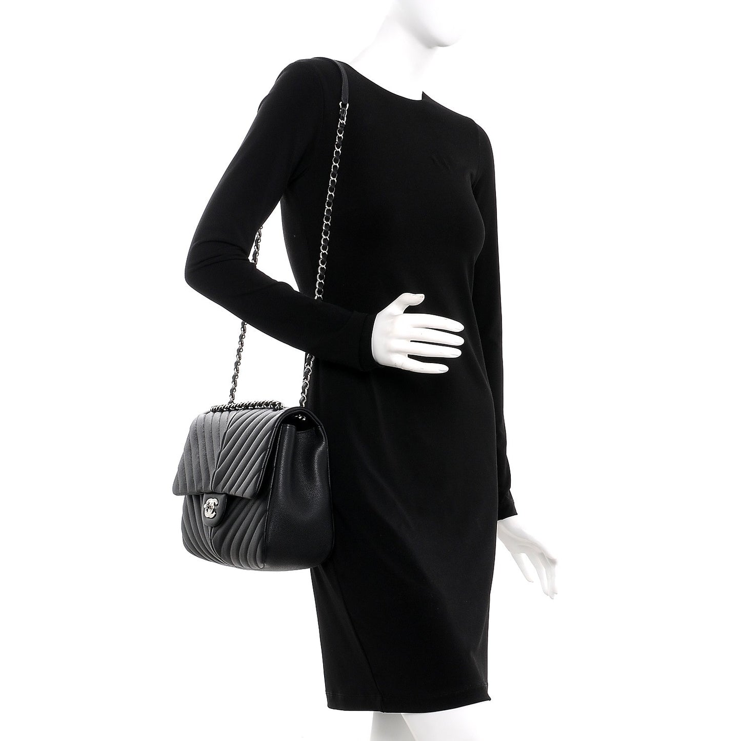 Caviar Chevron Quilted Large Puffy CC Flap Black