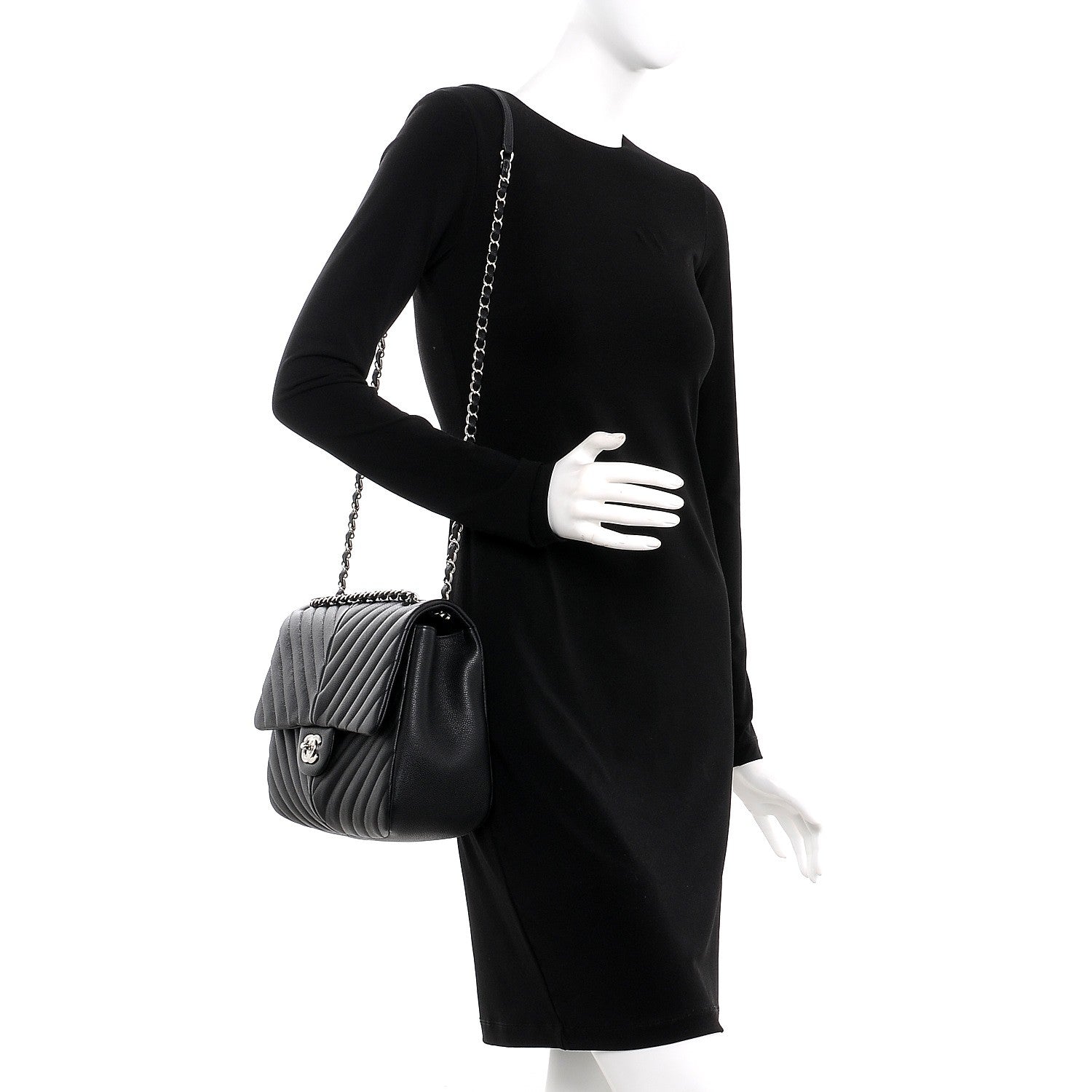 Chanel Caviar Chevron Quilted Large Puffy CC Flap Black 2 of 9