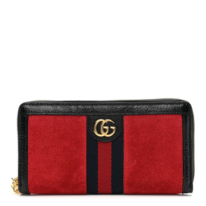 Gucci Suede Patent Web Ophidia Zip Around Wallet Hibiscus Red Black 1 of 8