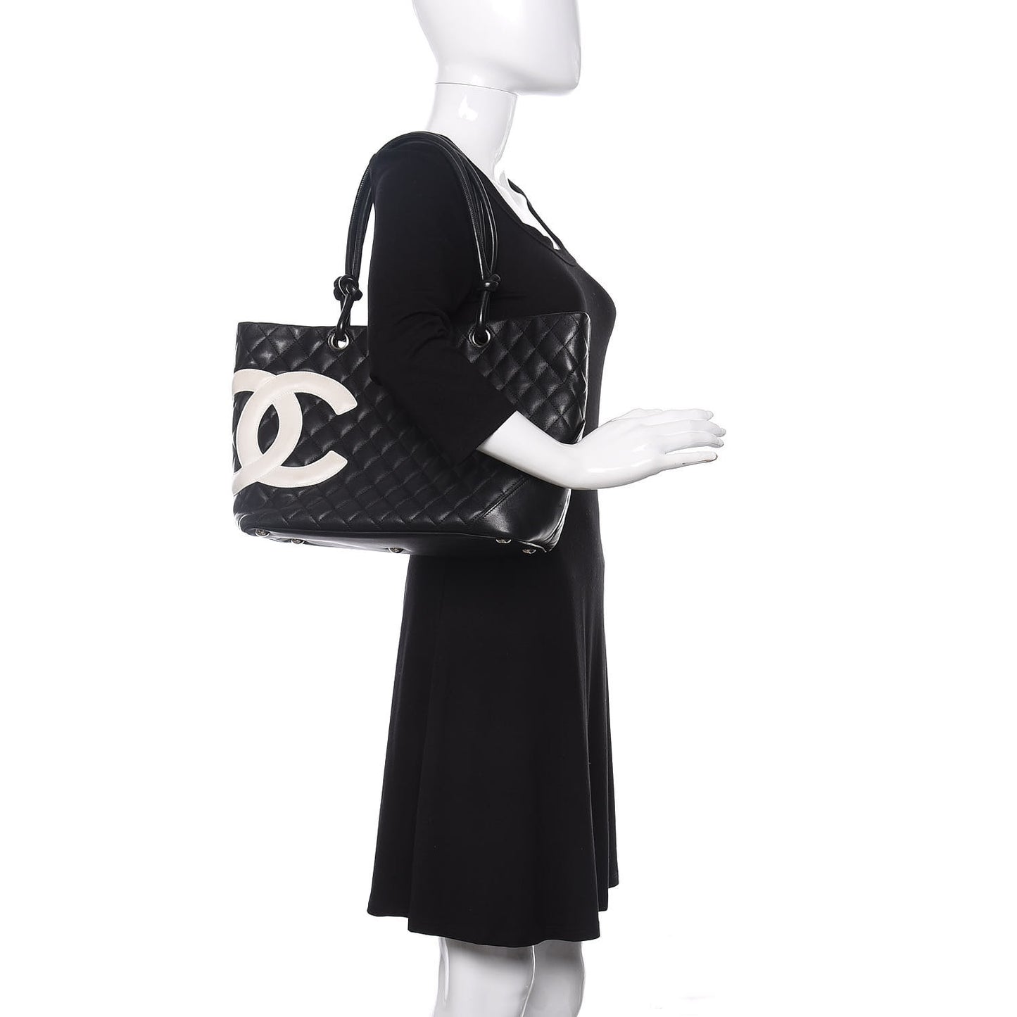 Calfskin Quilted Large Cambon Tote Black White