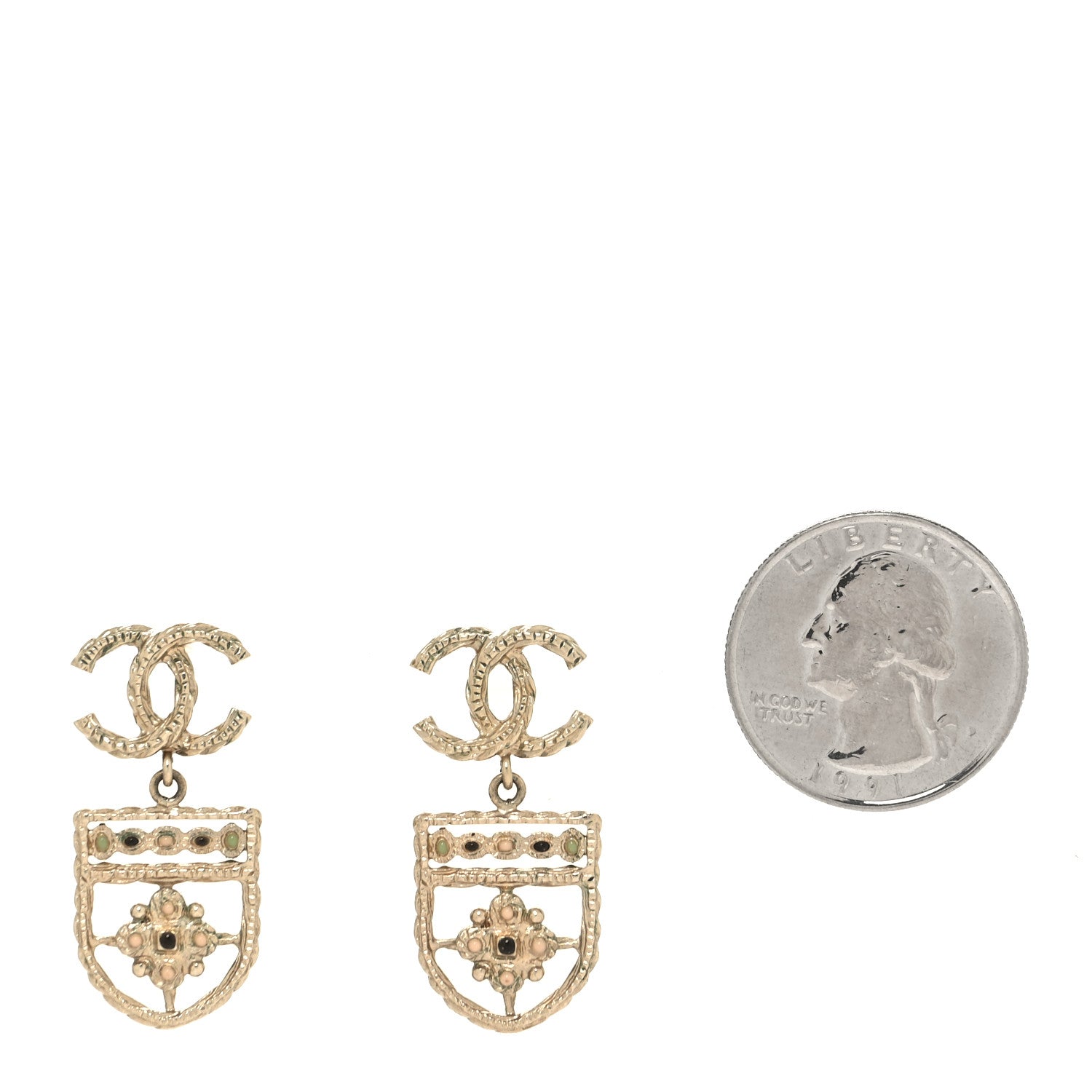 Chanel Enamel CC Rope Shield Drop Earrings Gold 2 of 4