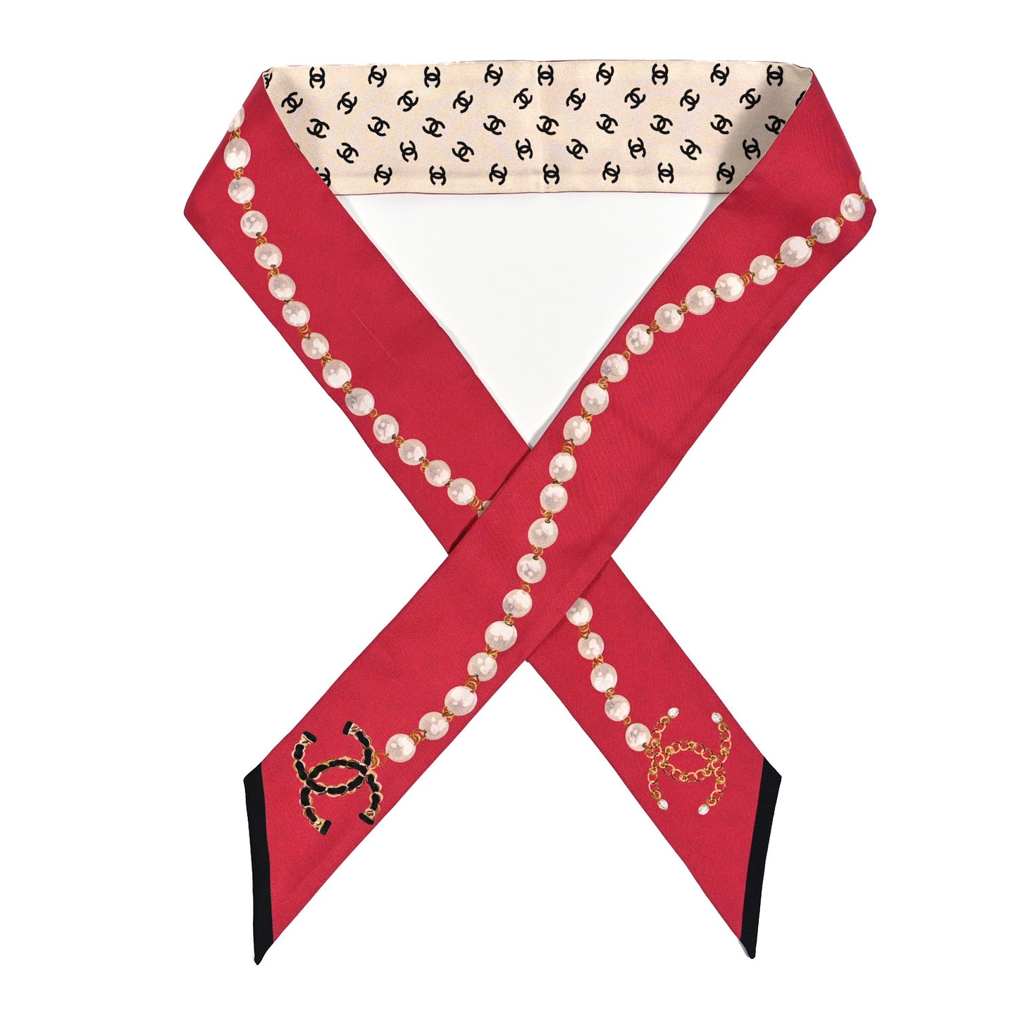 Silk Pearl CC Chain Slim Bandeau Scarf Red