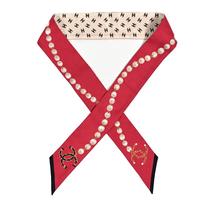 Chanel Silk Pearl CC Chain Slim Bandeau Scarf Red 1 of 4
