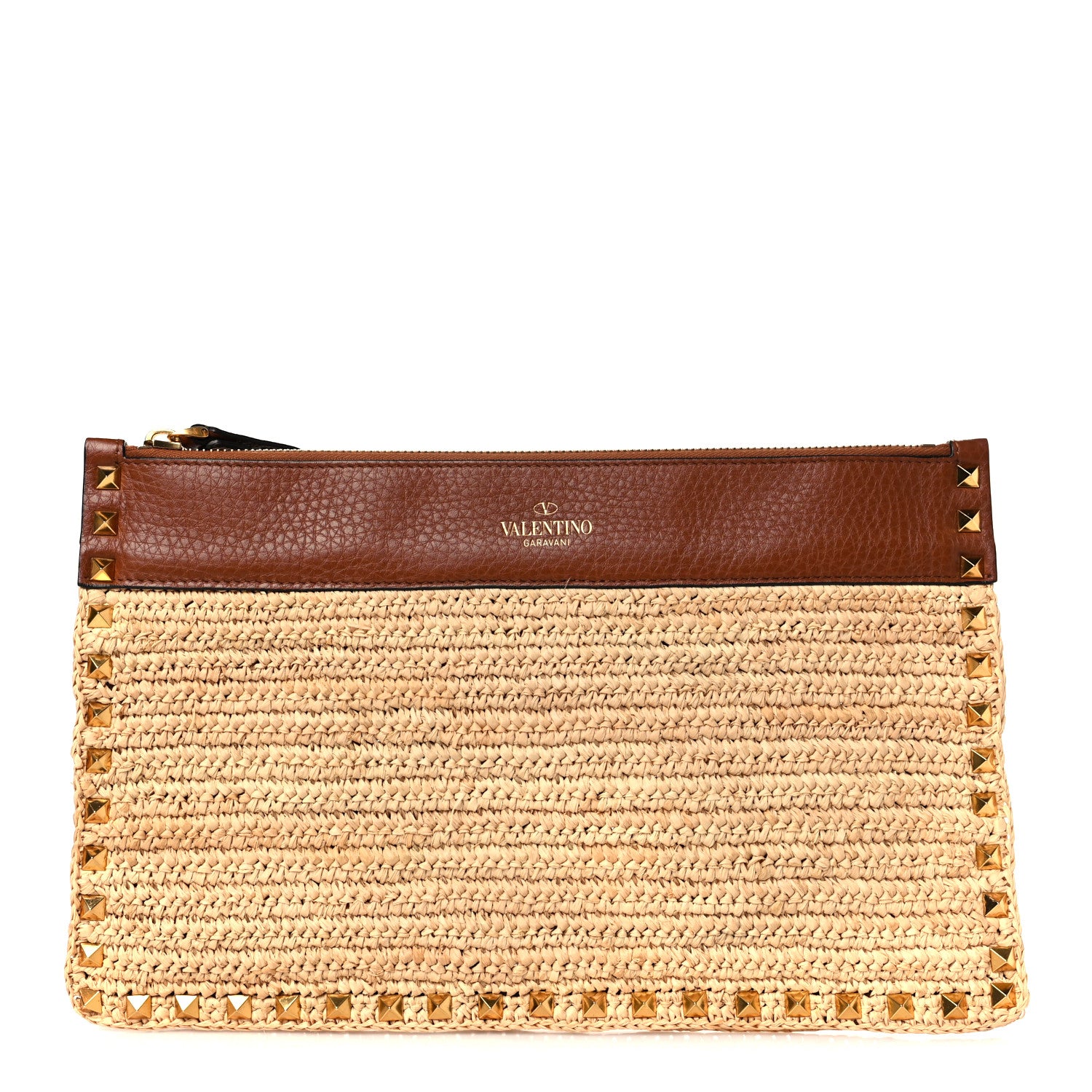 Valentino Garavani Raffia Calfskin Large Rockstud Zip Pouch Naturale Saddle Brown 1 of 8
