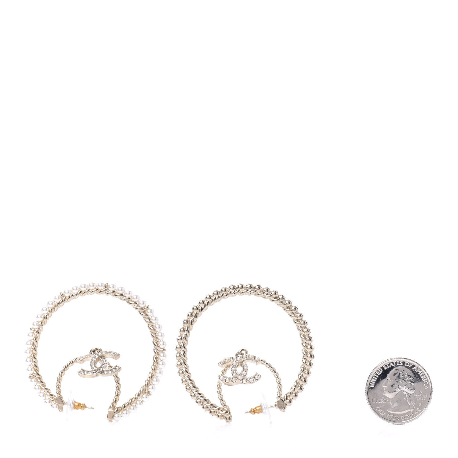 Chanel Crystal Pearl CC Drop Hoop Earrings Gold Pearly White 3 of 7