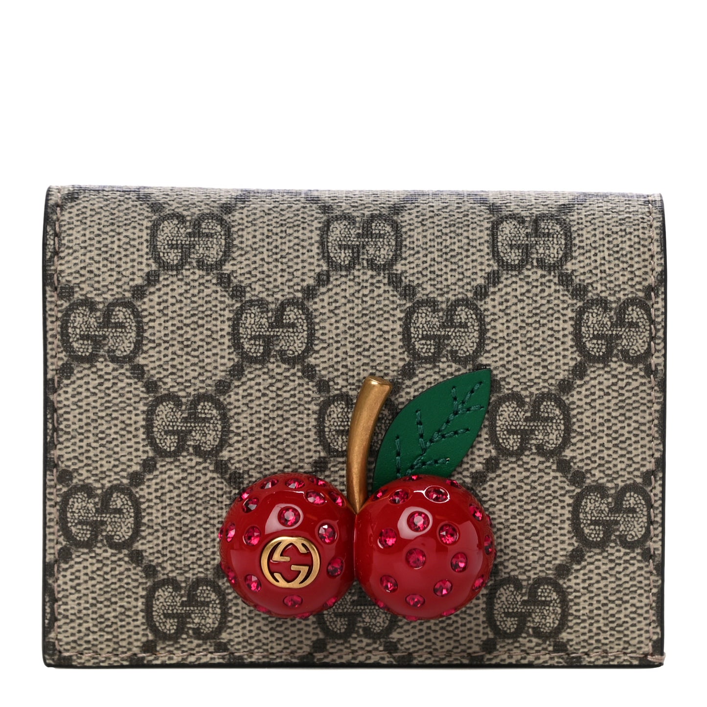 GG Supreme Monogram Cherry Embellished Card Case Wallet Hibiscus Red