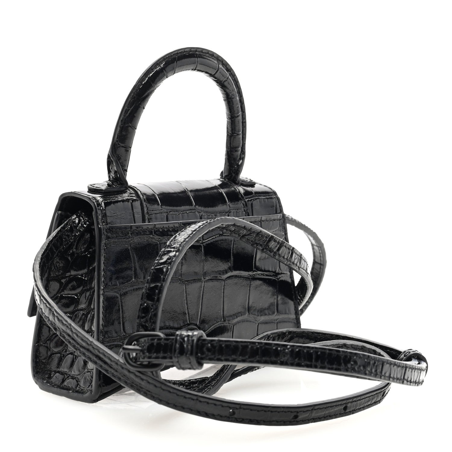 Balenciaga Shiny Calfskin Monochrome Crocodile Embossed Hourglass Top Handle Bag Mini Black 3 of 9