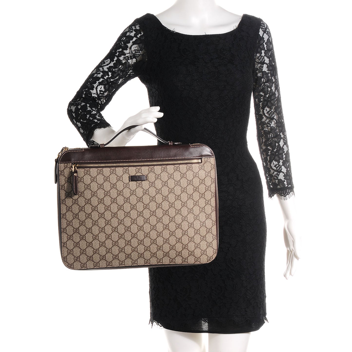 GG Plus Monogram Selleria Calfskin Document Portfolio Case Beige Ebony Cocoa