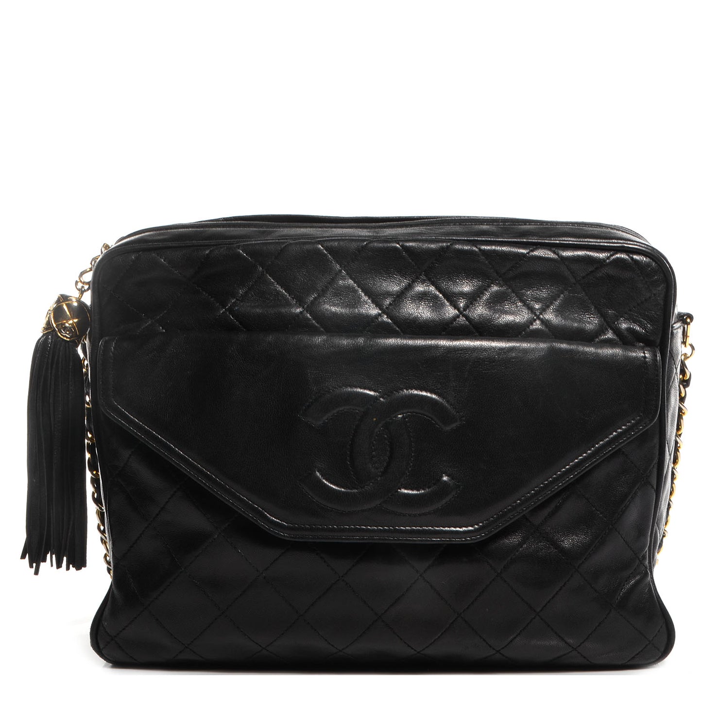 Lambskin Quilted Tassel Camera Case Black
