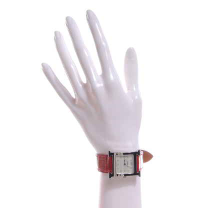 Hermes Stainless Steel Alligator Diamond 26mm Heure H Hour Quartz Watch Rouge Casaque 2 of 11