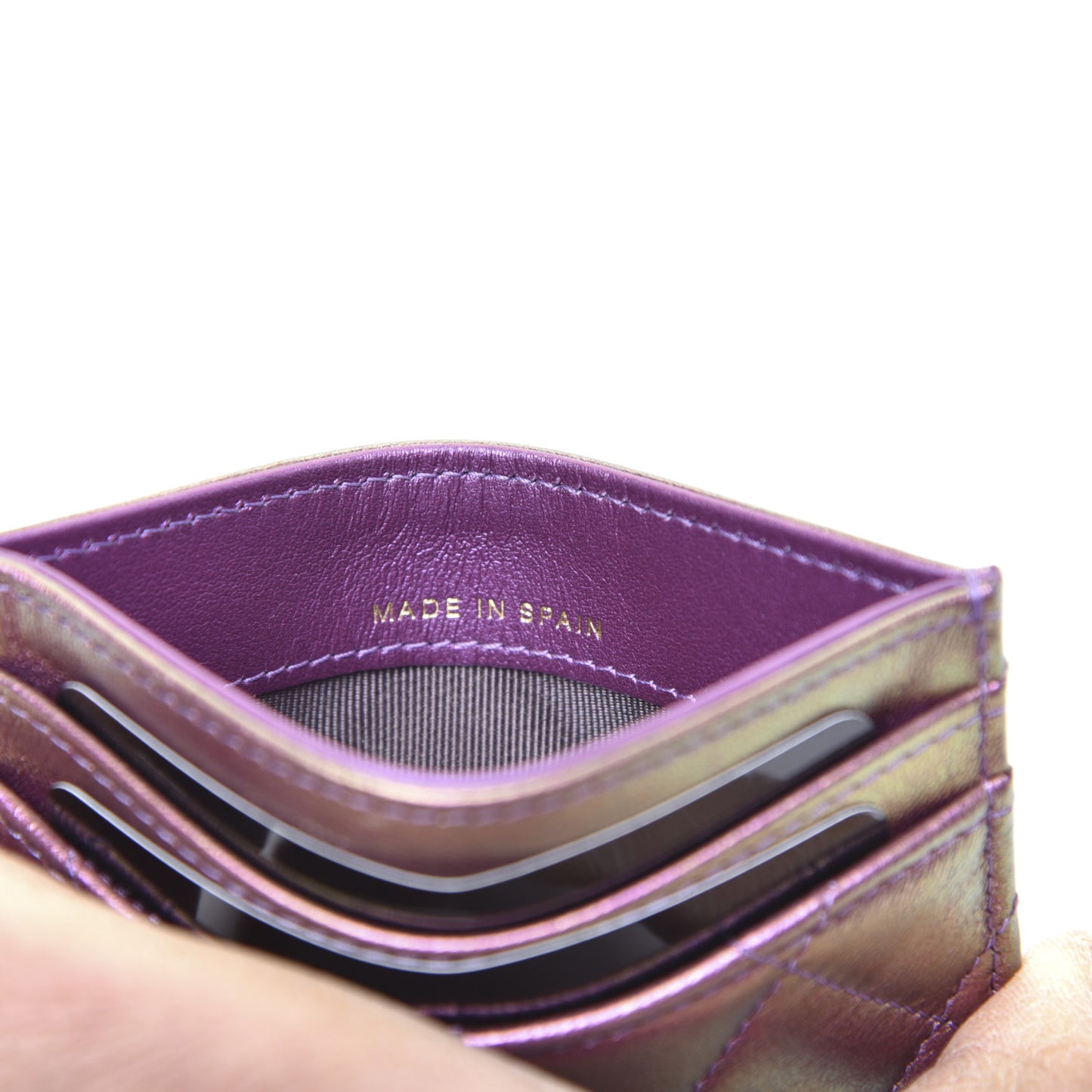 Iridescent Lambskin Quilted Card Holder Purple