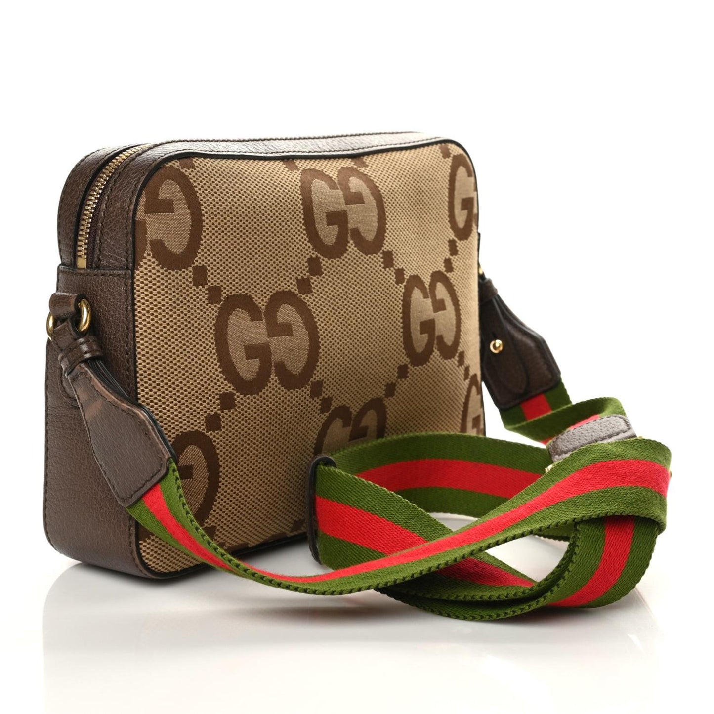 Monogram Jumbo GG Textured Dollar Calfskin Web Messenger Shoulder Bag Camel Ebony New Acero